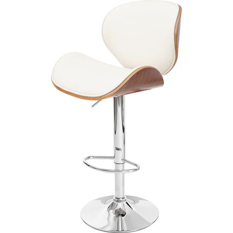 Taburete de bar silla alta x1 diseño retro en PVC color crema, madera de nogal y metal 040001217