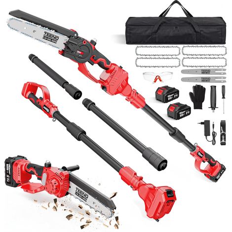 TEENO 2-en-1 Packs de jardin, Perche télescopique 2M, 8 Pouces Tronçonneuse télescopique & Mini tronçonneuse, 2×guides 8"+4×chaînes 8", 2 Batteries 4,0 Ah, Moteur sans balais, Réglable 360°, pour l'él (1/5)