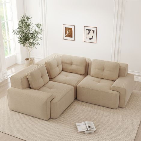 Divano angolare modulare in velluto a coste, 206 x 206 x 69 cm, beige, senza montaggio DESVIAE (1/5)