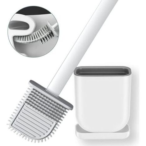 Brosse de toilette en silicone avec support pour cuvette de toilette avec poils en silicone Brosses de toilette flexibles pour brosse de nettoyage de salle de bain (Blanc) (1/5)