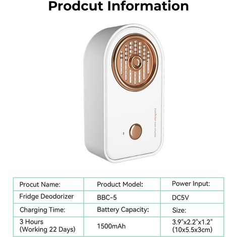 Désodorisant portable rechargeable pour réfrigérateur, générateur d'ozone portable, purificateur d'air réutilisable pour réfrigérateur, voiture, placard (1/5)