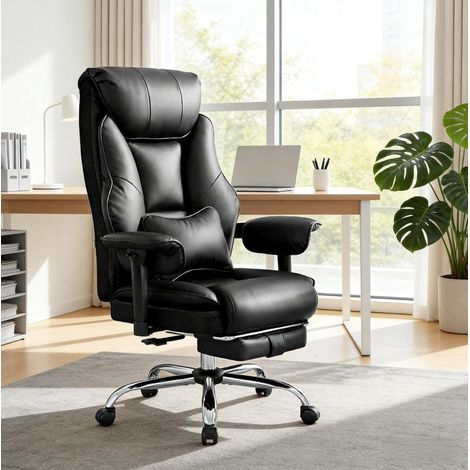 Sedia da ufficio ergonomica, schienale reclinabile a 3 posizioni, poggiapiedi estraibile, PU metallo nero (1/5)