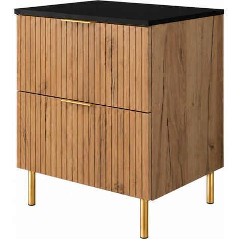 Mobile sottolavabo con piedini 60 cm, 2 cassetti, con piano, Rovere Craft Dorato / piano Nero, maniglie dorate, gambe dorate, 60 x 46 x 73,6 cm