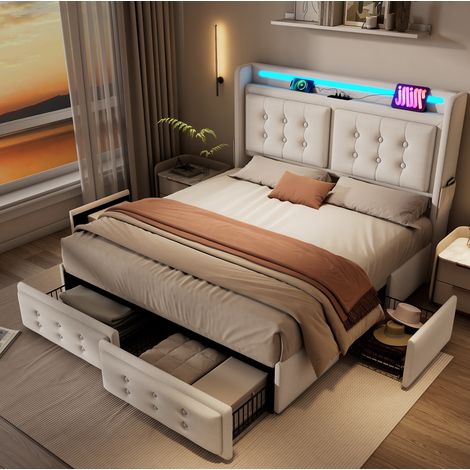 Bett modern 180x200 cm beige, Polsterbett aus Baumwoll-Leinen mit LED-Kopfteil, USB/Type-C, 4 Schubladen und Lattenrost (1/5)