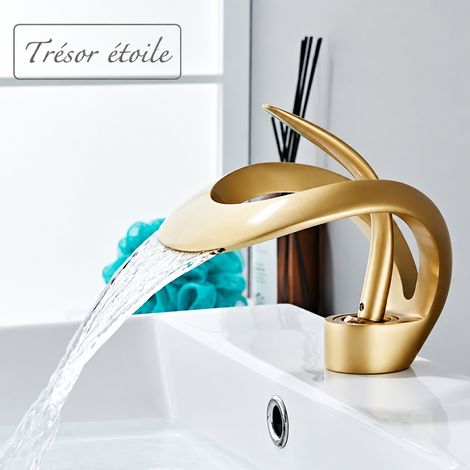 Mitigeur Lavabo Laiton modèle bas cascade doré Cœur d'ange avec tuyaux d'arrivée d'eau Robinet Vasque Salle de Bain Monotrou Eau Chaude Froide Cartouche Céramique – Livraison gratuite