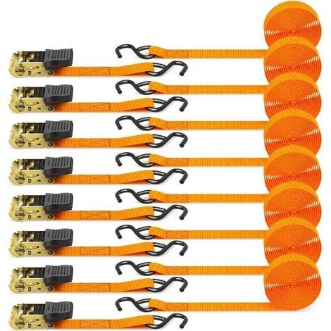 Sangle à cliquet 8 pièces, 680kg 4,6m Sangle d'arrimage à Cliquet avec Crochet Tendeur Sangles de Serrage pour Transport de Marchandises, équipement de Jardin, Moto - Orange (1/5)