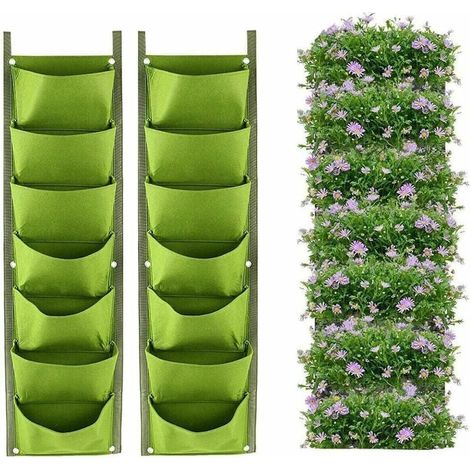 Hängende Pflanztaschen, 2er-Pack, 7 Taschen, vertikal hängende Wandpflanzer, Pflanztaschen für drinnen und draußen, Gartenarbeit, vertikaler grüner Blumentopf (grün)