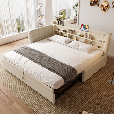 lit 90x200 gigogne avec rangement USB lin beige HAVRYA (1/5)