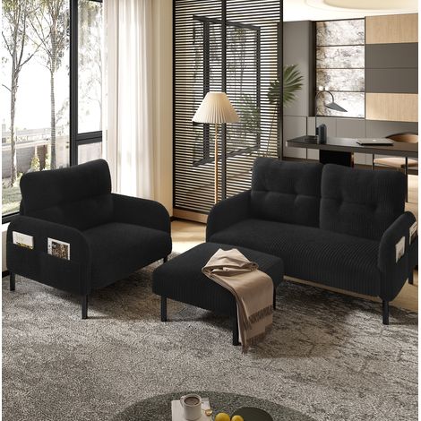 Canapé 2 places, fauteuil et pouf, tissu côtelé noir OKMYHOME (1/5)