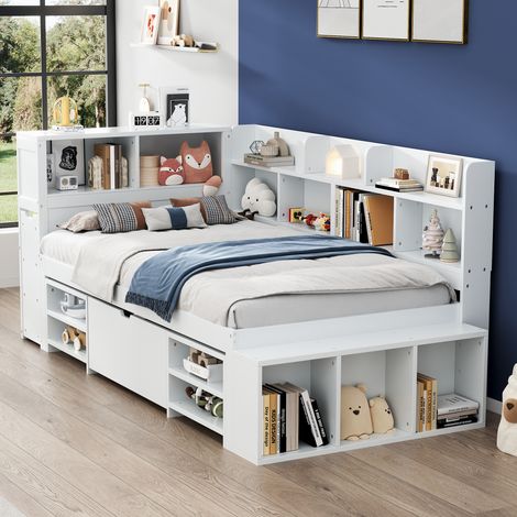 Kombi-Bett 90 x 200 cm aus Sperrholz, Einzelbett mit Schubladen, Regalen und Stauraum, Ohne Matratze, Weiß
