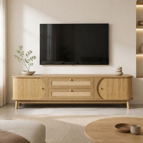 TV-Schrank – Natürlicher Holz-Blend TV-Schrank mit Türen und Schubladen. TV-Ständer mit Rattanseiten. Aufbewahrungslösung, Natürlicher Landhausstil (1/5)
