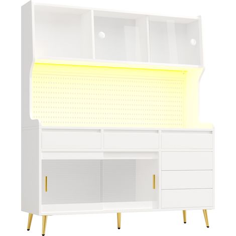 Aparador alto con LED y puertas correderas de vidrio acanalado 145x39x171 cm blanco (1/5)