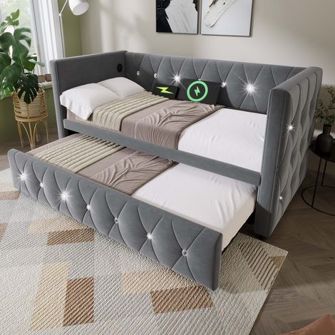 3FT Daybed Single Upholstered Bed Sofa Bed with USB &Type C Charging, with Trundle, Pull out Trundle for Living Room and Bedroom, Velvet , 90x190cm, Grey (1/5)