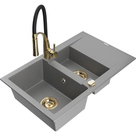 Mexen Gaspar évier en granit 1,5 bac avec égouttoir et robinet de cuisine Aster, gris - 6507-71-73450-57-G (1/5)