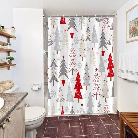 Anti-mold shower curtain, 150 x 180 cm, abstract grey red Christmas tree pattern, washable and waterproof, with 10 hooks. (1/5)