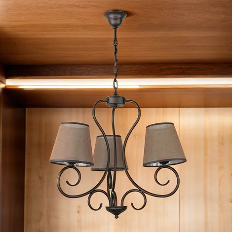 Landhaus Kronleuchter mit Schirm Braun 3-armig Ø47cm E27 Pendelleuchte Wohnzimmer