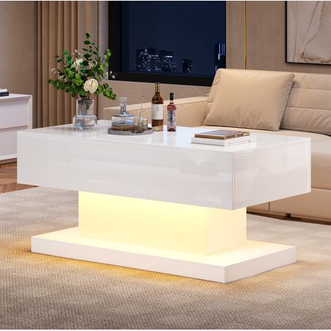 Mesa de centro 100x50x45 cm blanca con tablero elevable LED, almacenaje, aglomerado MEUBLIV (1/5)