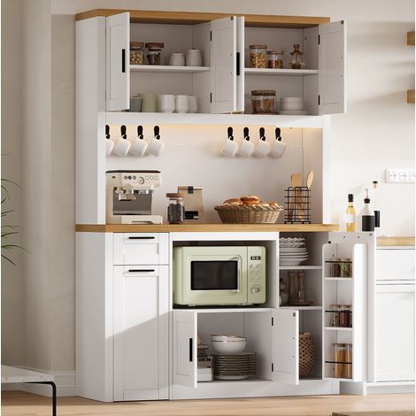 MODFU – Credenza cucina 120x40x182 cm in MDF con LED RGB, prese USB, piano di lavoro, cassetti, ripiani regolabili e carico 60 kg – Bianco/naturale (1/5)