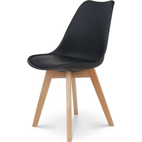 Chaise style scandinave VICTOIRE - Coque en résine noire rembourrée et pieds en bois naturel