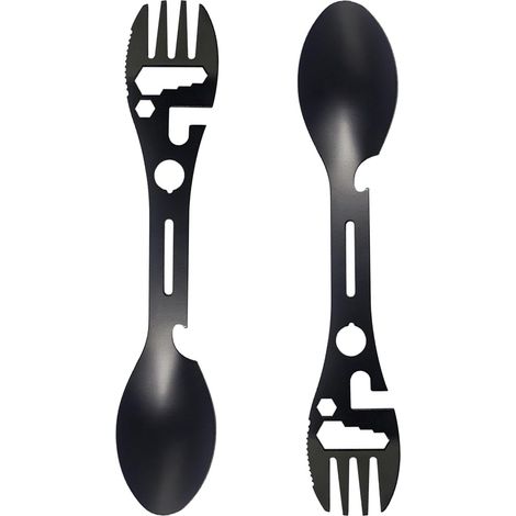 10 outils multifonctions pour le camping (fourchette, cuillère, couteau, ouvre-bouteille, clé) en acier inoxydable, pour pique-nique, voyage, randonnée, pêche et autres activités de plein air (2 paque (1/5)