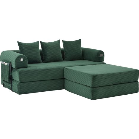 Sofá modular de tejido efecto terciopelo con puff, estructura metálica, verde esmeralda (1/5)