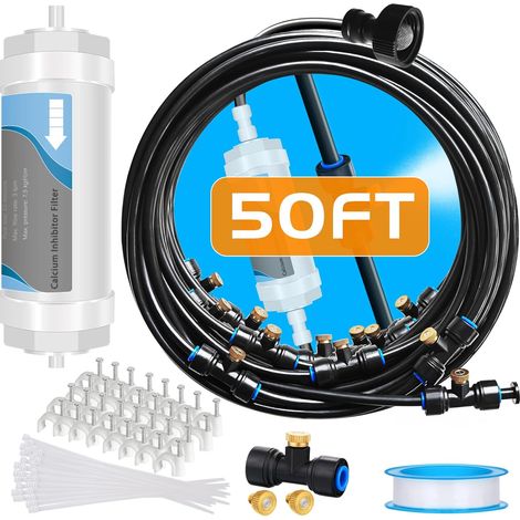 Nebelsystem mit Wasserfilter – verbesserte 15 m lange Leitung und 18 Messing-Nebeldüsen für das Kühlnebelsystem-Set für die Außenterrasse (schwarz)
