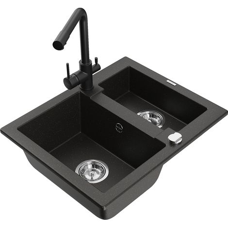 Mexen Carlos fregadero de granito de 1,5 senos con grifo de cocina Duero, negro/dorado metálico - 6518-75-671600-70 (1/5)