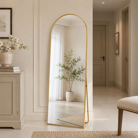 Miroir pleine longueur 165×60cm, miroir sur pied avec support réglable,miroir de sol avec verre trempé haute définition,miroir arqué, cadre en alliage d'aluminium, pour chambre et salon,Doré