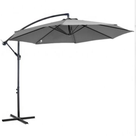 Parasol à manivelle, structure en acier et toile en polyester, gris, Ø 2,95 x 2,45 m, pour jardin, terrasse, balcon (1/4)