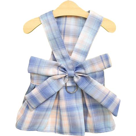 Robe à carreaux pour chien, harnais avec nœud papillon, ensemble de laisse, respirant, doux et confortable, pour chiot, été pour la marche quotidienne, bleu (avec corde de 1,4 m) S (1/5)