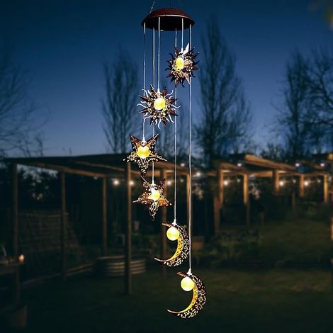 Carillon Extérieur Solaire Éolienne, Lampe de Jardin avec Soleil Lune Étoile, Décoration Lumineuse Solaire Suspendue pour Balcon Terrasse (1/5)