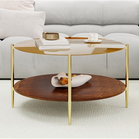Mesa de centro 82x82x45 cm dorada en vidrio templado, hierro y madera con doble nivel de almacenamiento