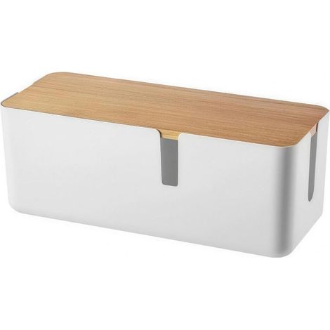 Boîte de rangement pour câbles blanche avec couvercle en bambou - Boîte de rangement pratique pour cacher les multiprises - Gestion des câbles pour l'ordre dans le bureau à domicile - Organisateur de (1/5)