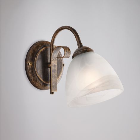 Applique in ferro laccato marrone con decorazione oro antico e diffusore in vetro diametro 13 alabastro bianco 1 luce H.20 - L.13 - P.23