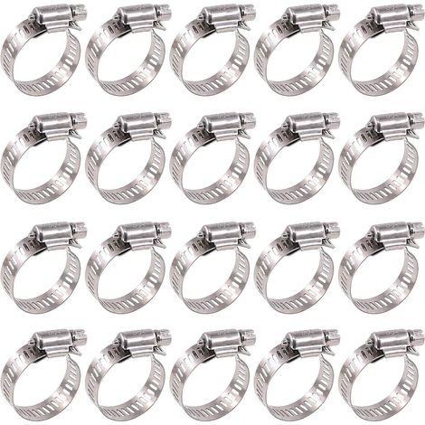 Lot de 20 colliers de serrage pour tuyau d'arrosage (10-16 mm) - Argent - Acier inoxydable (1/4)