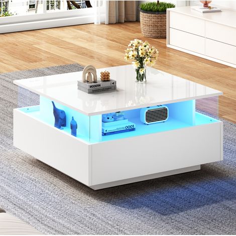 LED-Couchtisch 70 x 70 x 41 cm mit 2 Schubladen und transparenter Präsentationsfläche HAVRYA (1/5)