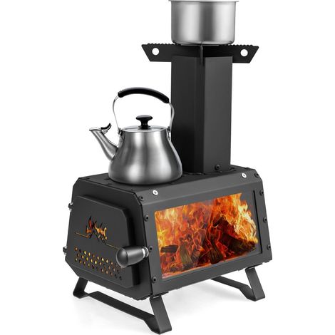 COSTWAY Portable Wood Burning Stove Wood Camping Stove Heater with 2 Cooking Positions (1/5)