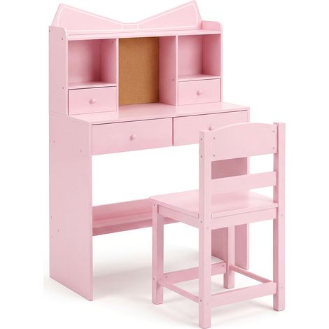 COSTWAY Children Computer Workstation Desk Chair Set Natural Wood Pink (1/5)