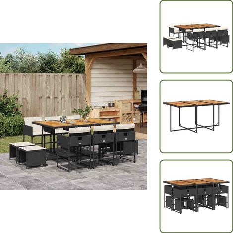 The Living Store Set da Pranzo da Giardino 11 pz con Cuscini in Polyrattan Nero - Sedie da giardino