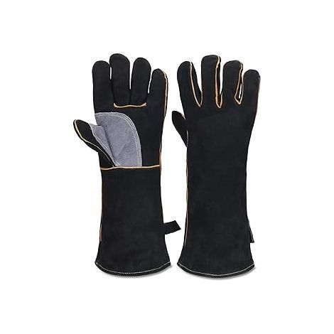 Gants en cuir ignifuges haute température avec coutures en Kevlar pour cheminée, four et soudage - Noir-Gris (1/5)