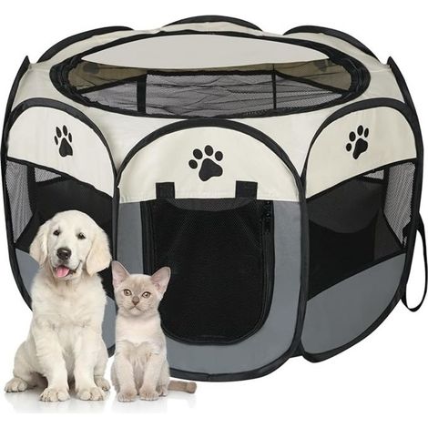 Cage pliable pour chiens et chats, structure en acier, grande taille 72 x 72 x 43 cm, design octogonal innovant avec grillage, enclos pour animaux, maternité pour chats, fermée, résistante, grise