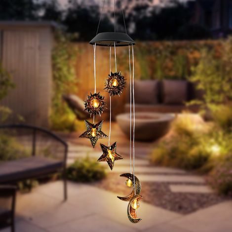 Carillon à Vent Extérieur,Étanche Solaire Lampe de Jardin Suspendue avec Soleil,Lune et Étoile,Carillon Éolien Décoratif Lumière LED (1/5)