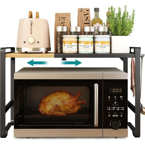 1 - Étagère Micro-ondes - Support Four - Extensible 41,5x64 cm - Acier et Bambou - Rangement Cuisine - Noir et Bambou Clair (1/5)