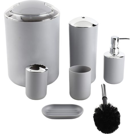 6-teiliges Badezimmer-Set: Zahnbürstenhalter, Seifenspender, Abfalleimer & Flüssigkeitsauffangbehälter – WC-Bürstenhalter, Seifenschale – Robustes graues Kunststoff (1/5)