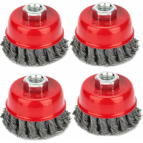 Brosse à filaments torsadés M14 75 mm – Lot de 4 brosses bol en acier tressé pour décapage, dérouillage et nettoyage abrasif intense (1/5)