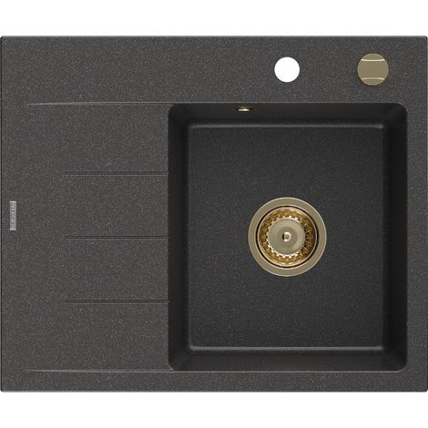 Mexen Ben évier de cuisine en granit 1 bac avec égouttoir à droite 600 x 500 mm, noir moucheté, siphon doré - 6523605000-76-G (1/5)