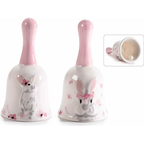Campanelle in ceramica con decorazione a coniglietto in rilievo e con batacchio, set da 6 pezzi, Ø 5 cm x 10 H