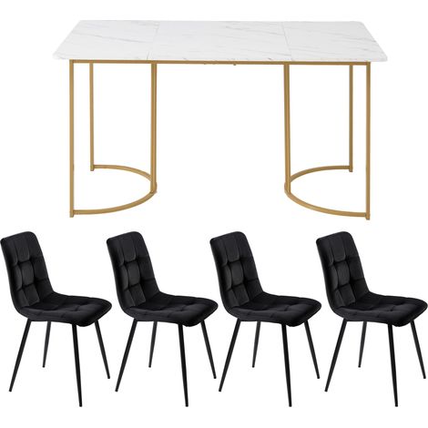Set tavolo da pranzo 5 pezzi 140x80 cm in MDF bianco con 4 sedie in velluto nere (1/5)