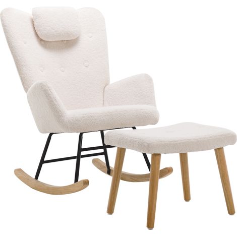 Fauteuil à bascule blanc en bouclé avec appui-tête et repose-pieds - Charge max 100 kg (1/5)