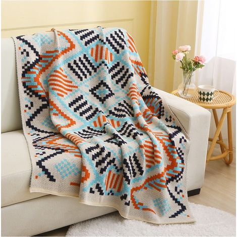 Plaid beige à motifs aztèques bleus et orange 130 x 180 cm NORDIK